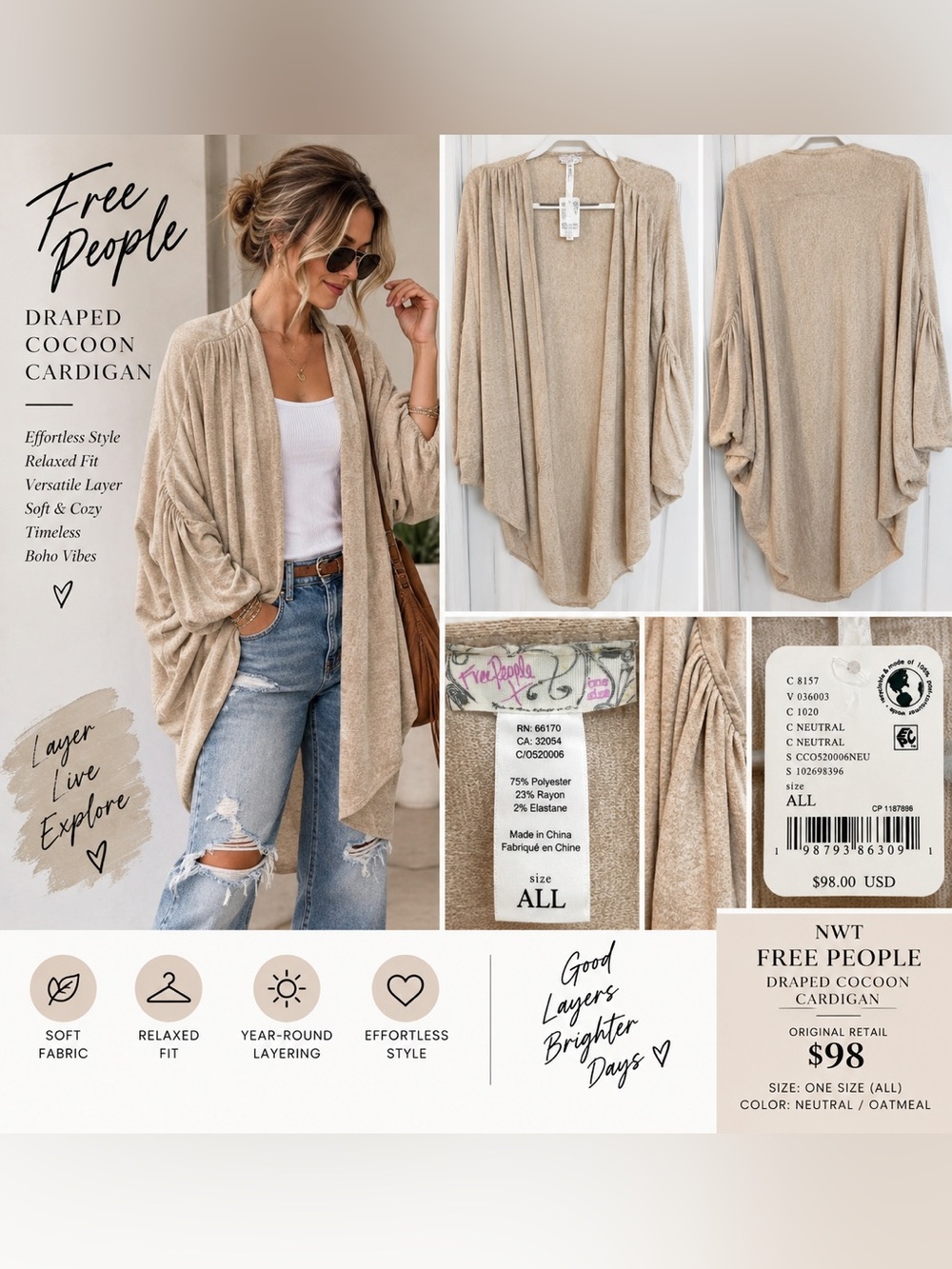 Free People Draped Cocoon Cardigan NWT One Size Oatmeal Beige Boho